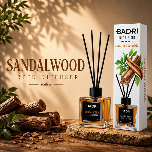 BADRI Geurstokjes Sandalwood 100ML - Luxe Reed Diffuser met Sandelhout Geur voor Woonkamer & Badkamer
