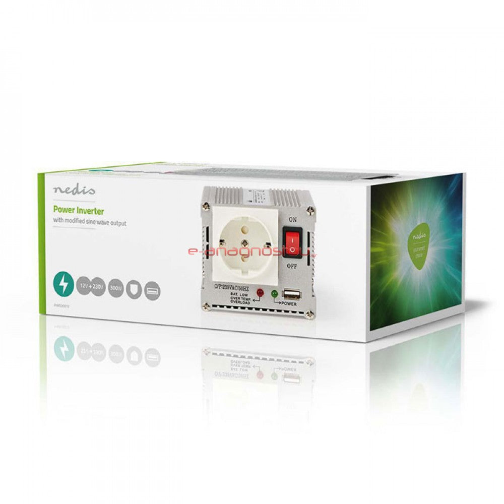 Power Inverter aangepaste sinusgolf 12V DC - 230 V AC, 300 W / 300W omvormer met sinusgolfuitgang die spanning omzet van 12V DC-batterijen naar 230V AC. Voedt 230V apparaten waar 12V DC beschikbaar is. Hij heeft een Schuko-connector en een USB-stick.