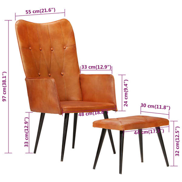 Wingback Fauteuil met voetenstoel Lichtbruin Echt Leer
