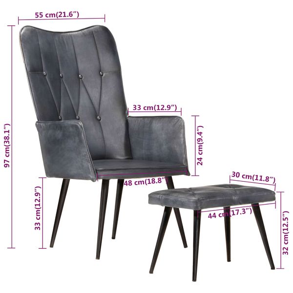 Oorfauteuil met voetkruk echt leer