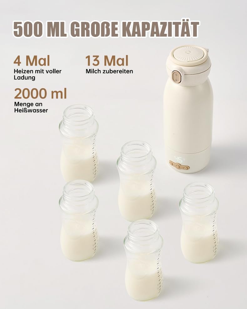Draagbare flesverwarmer voor baby onderweg, 500 ml capaciteit