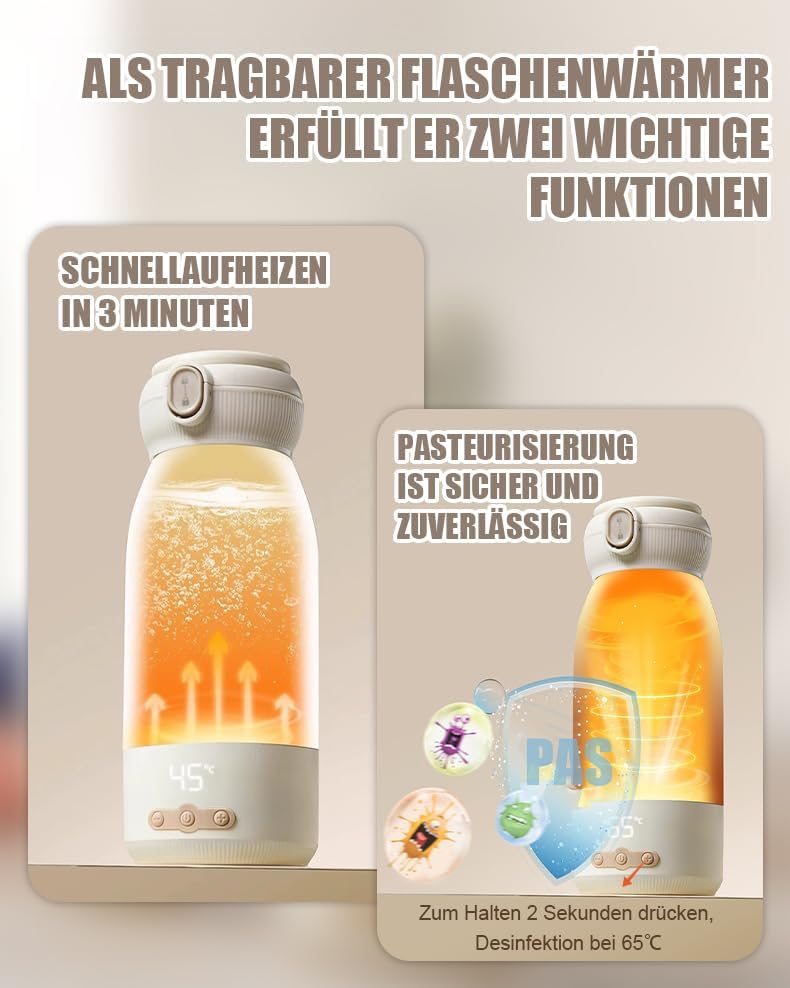 Draagbare flesverwarmer voor baby onderweg, 500 ml capaciteit