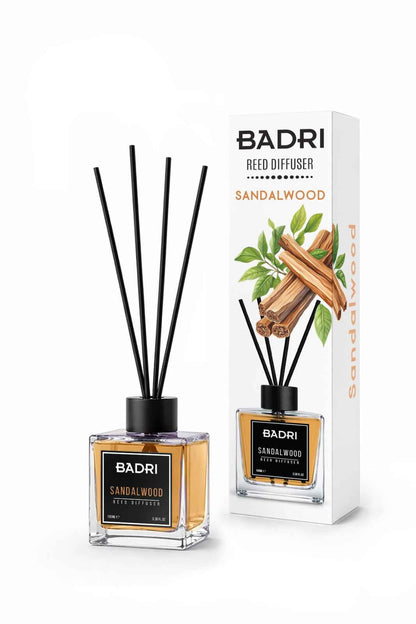 BADRI Geurstokjes Sandalwood 100ML - Luxe Reed Diffuser met Sandelhout Geur voor Woonkamer & Badkamer