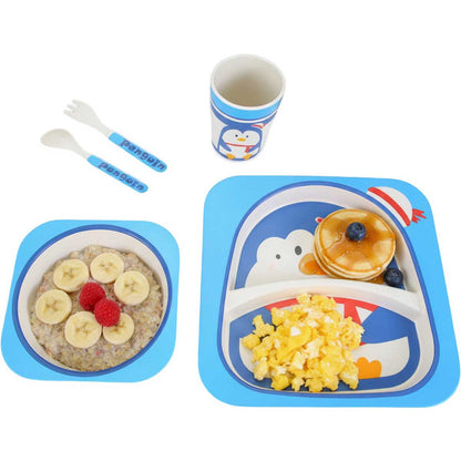 Cheffinger Kinderservies - Pinguïn - Bamboe - 5-delig - Blauw - Baby Servies - Kinderbestek