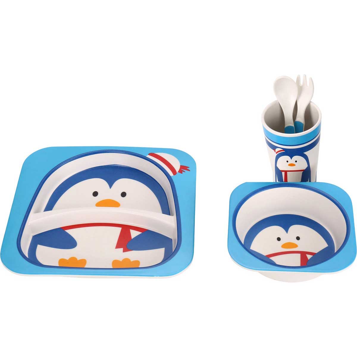 Cheffinger Kinderservies - Pinguïn - Bamboe - 5-delig - Blauw - Baby Servies - Kinderbestek