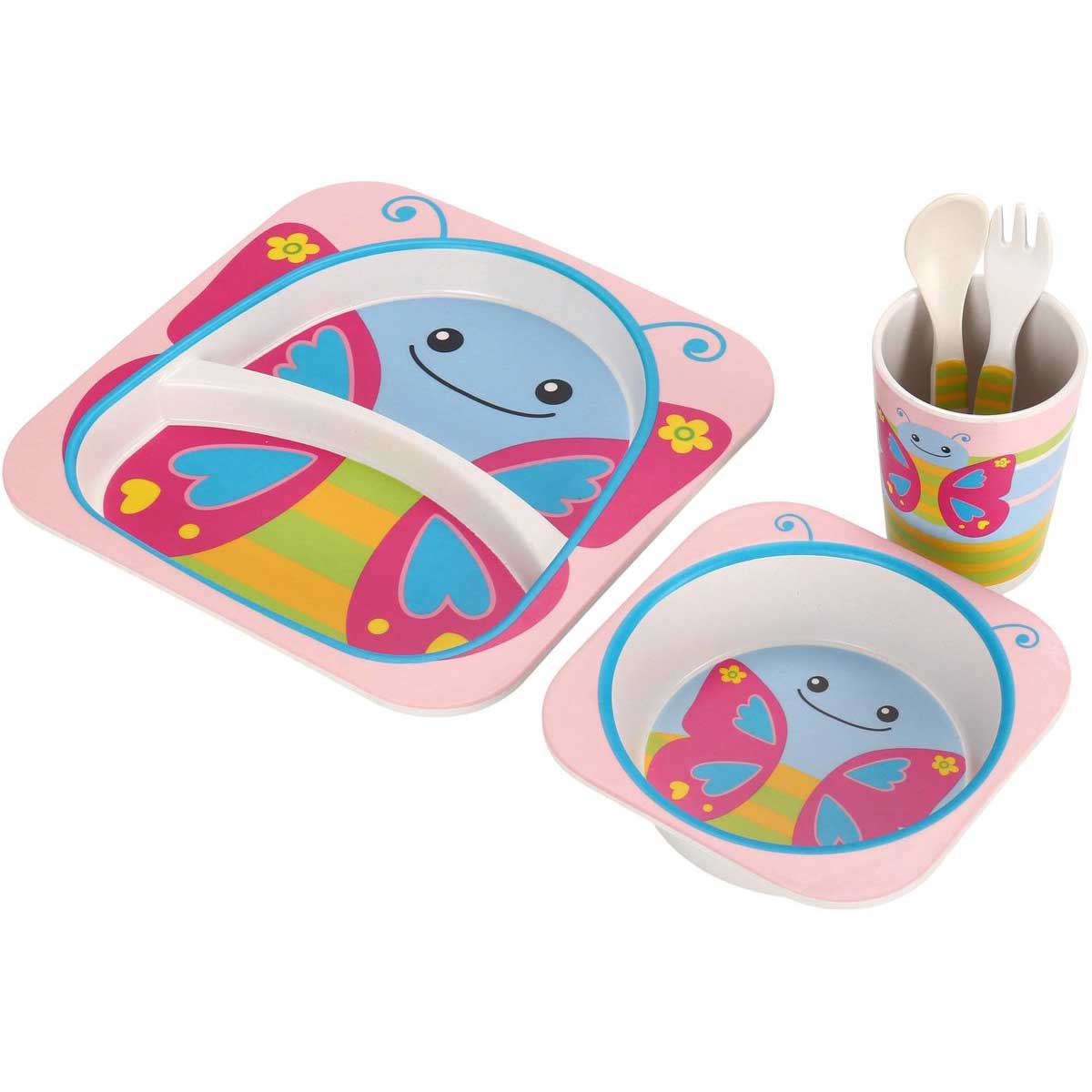 Cheffinger Kinderservies - Vlinder - Roze - 5-delig - Blauw - Baby Servies - Kinderbestek