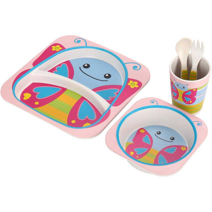 Cheffinger Kinderservies - Vlinder - Roze - 5-delig - Blauw - Baby Servies - Kinderbestek