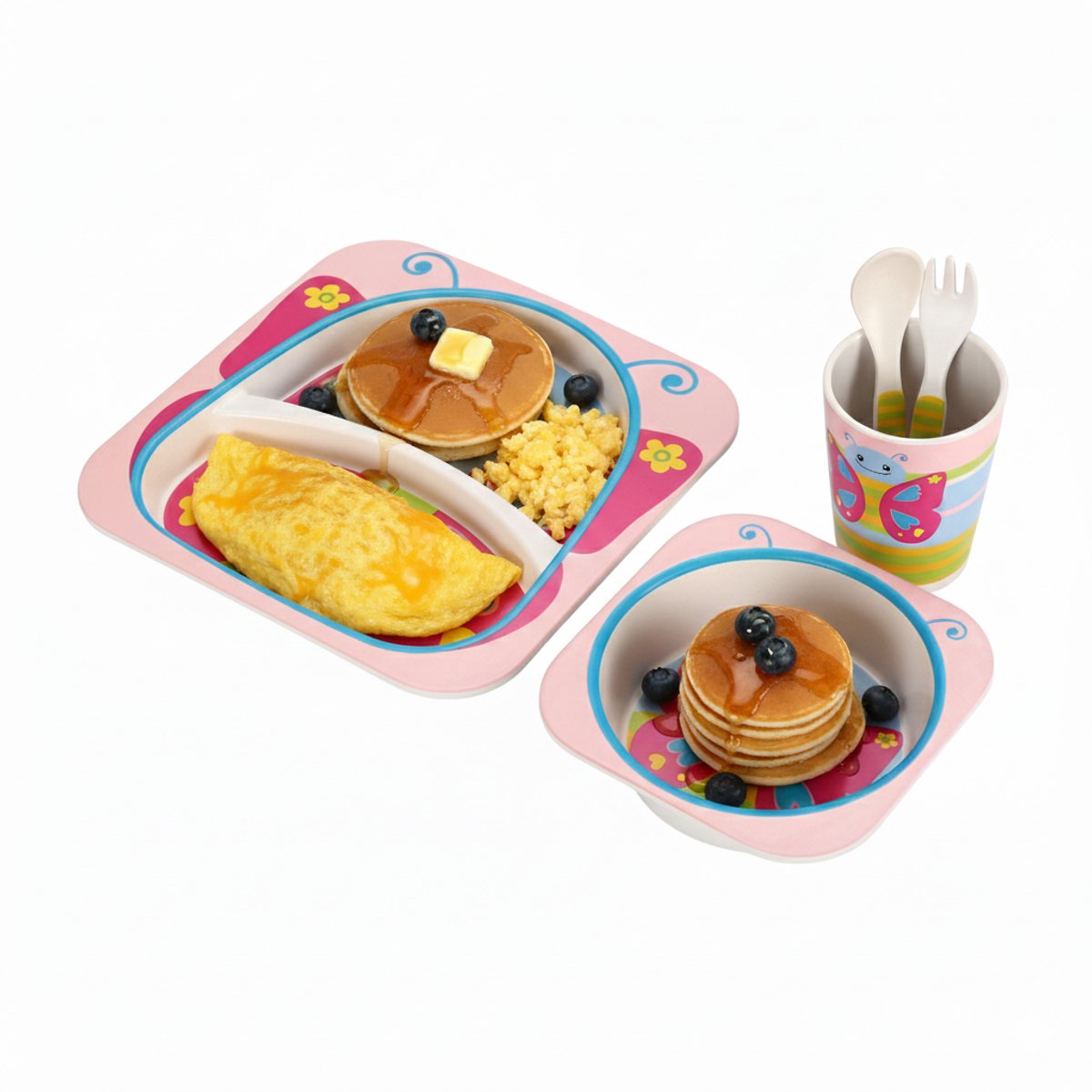 Cheffinger Kinderservies - Vlinder - Roze - 5-delig - Blauw - Baby Servies - Kinderbestek