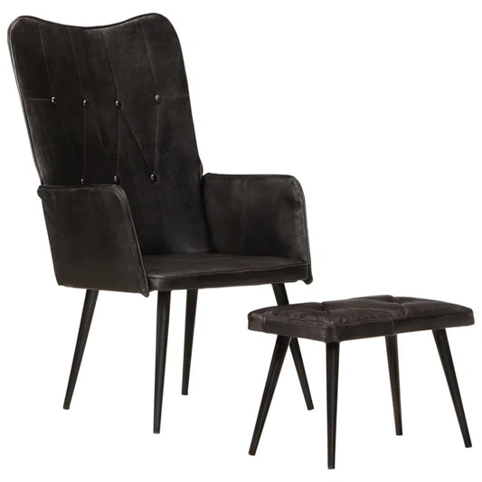 Loungestoel met voetsteun bekleed met echt leer met zwarte afwerking