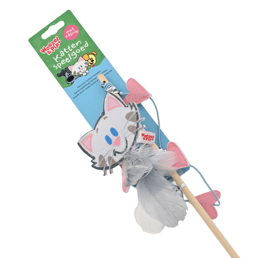 Woezel & Pip - Kattenspeelgoed - Hengel hout Buurpoes met hartjes en bel 60cm